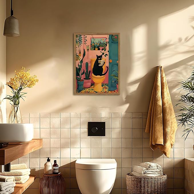 Funny Black Cat Bathroom Wall Art Whimsical Cat Reading Newspaper on Toilet Wall Decor Picture Cute Animal Bathroom Poster Canvas Painting Prints for Restroom 12x16 inch Framed