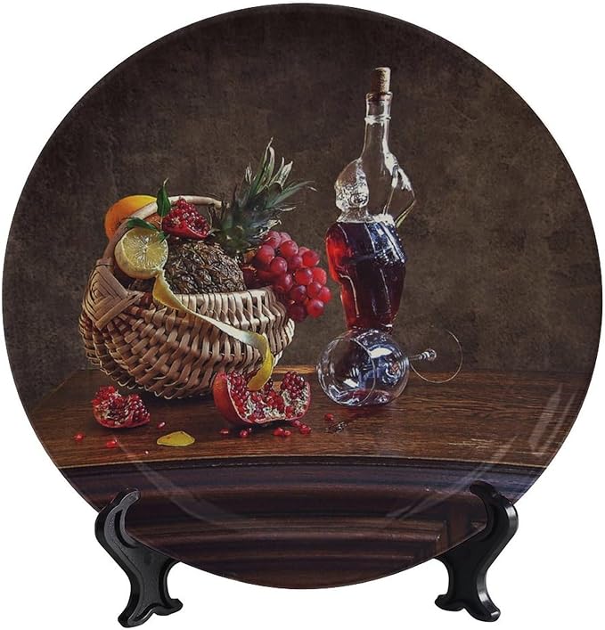WineDecorative Plate Stand, 8 Inch, Overturned Wine Glass and Pomegranate Round Display Plate, Table Top Plate Decor with Stand, for Display Living Room Kitchen Closet Table Decor