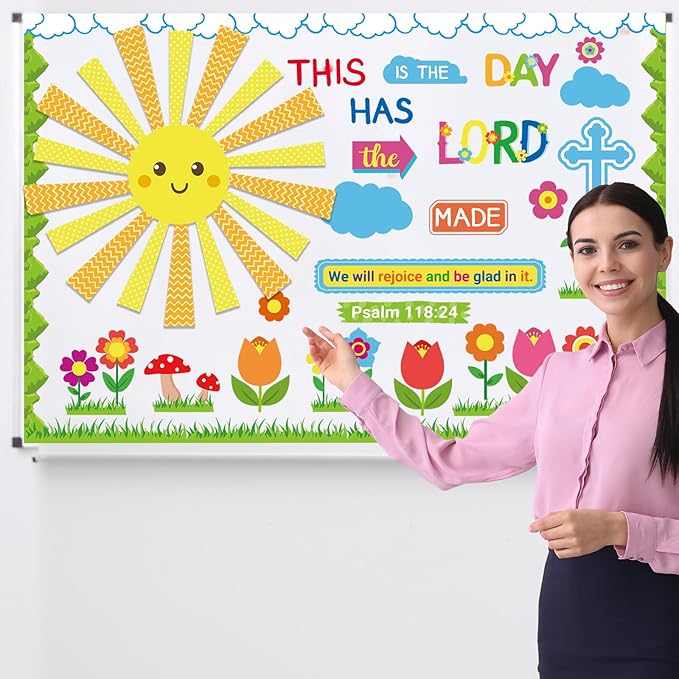 HIQINLUG Religious Christian Classroom Bulletin Board Set with Lord Spring Theme Elements for Sunday School Bible Classroom Wall Decor