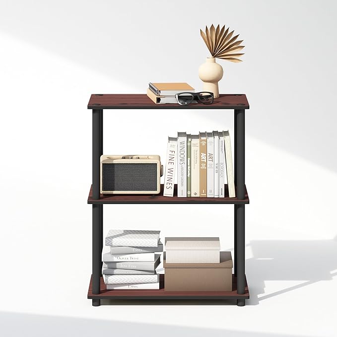 Furinno Turn-N-Tube Book Shelf, 3-Tier Bookshelf, Bookcase with Multipurpose Compact Display Rack, 11.6 x 23.6 x 29.6, for Living Room, Bedroom, Home Office, Dark Cherry