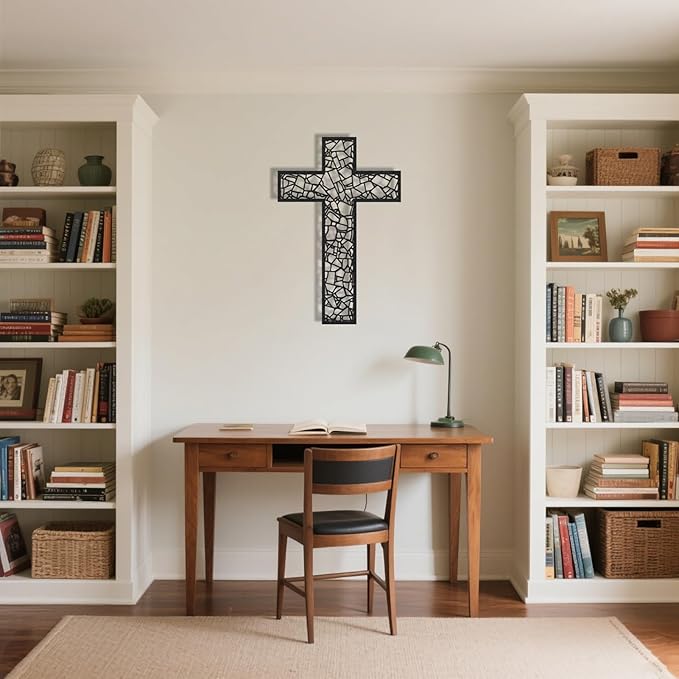 Black Metal Cross Wall Decor Iron Christian Cross for Home Church, Hollow Out Artistic Hanging Ornament, Crosses Wall Decor for Living Room, Bedroom, Decorative Thankful Religious Gift 41.3x27.4 inch