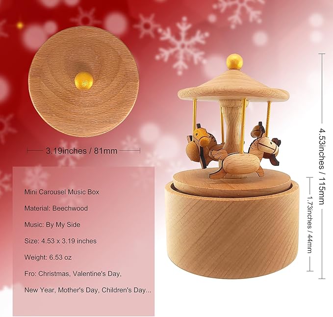 Mini Carousel Music Box, Palm Sized Carousel Music Box, Small Wooden Mechanical Music Box, for Friend Mother Grandmother