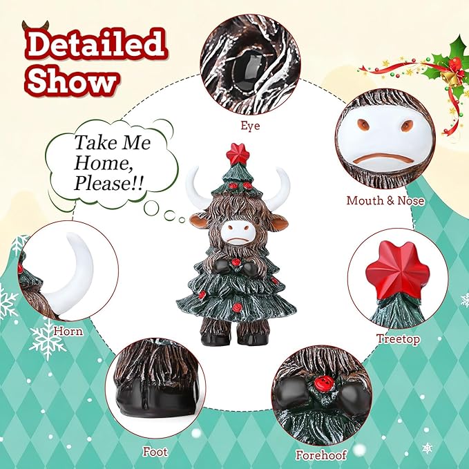 DUQGUHO Cow Christmas Ornaments Xmas Resin Ornament Statue Desk Accessories Christmas Figurines 4 Inch Mini Highland Cow Gifts for Women