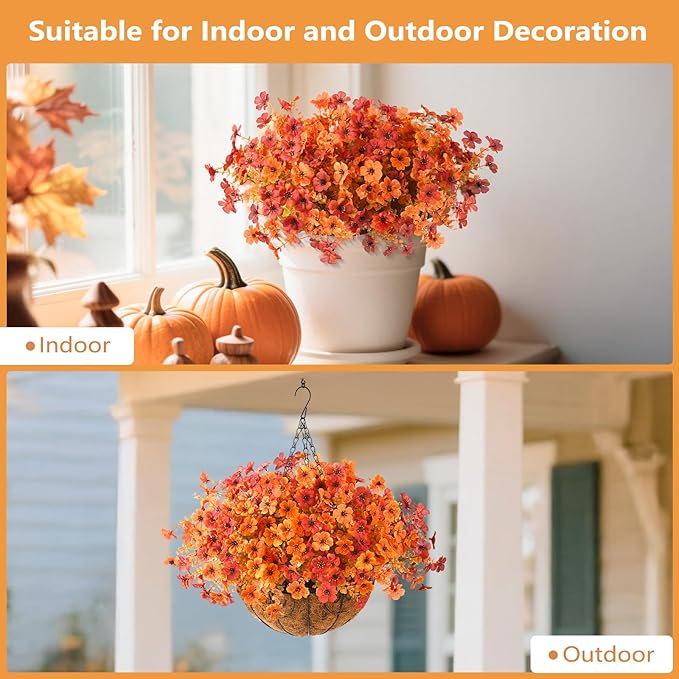 Artificial Fall Flowers for Outdoor, 12 Bundles 4 Colors Faux Mums Fake Fall Plants for Decoration, UV Resistant No Fade Silk Plastic Flower for Autumn Porch Patio Planters Windowbox Yard Garden