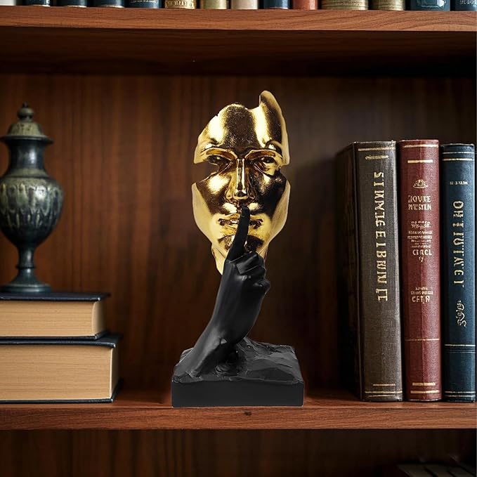 Thinker Statue-Silence is Gold-Abstract Art Figurine Decor - 12" H No Hear No See No Speak Modern Home Resin Sculptures Decorative Objects Decor for Home Office Bookshelf Desktop