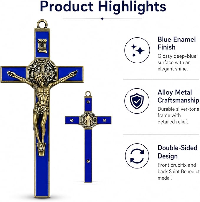 TALPGOD St Benedict Crucifix Gold Blue 7.2 Inch,Crucifix Wall Cross for Catholic Decor,Jesus Christ Hanging Cross Wall Art Decor,Escapularios Catolicos,Saint Benedict Medal for Home Decoration