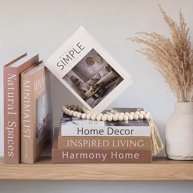 Menkxi 6 Aesthetic Decorative Books Set with Tassel Wood Bead Coffee Table Decor Faux Books with Simple Design for Modern Home Decor Inspired Living Decoration Photo Storage and As a Keepsake Box