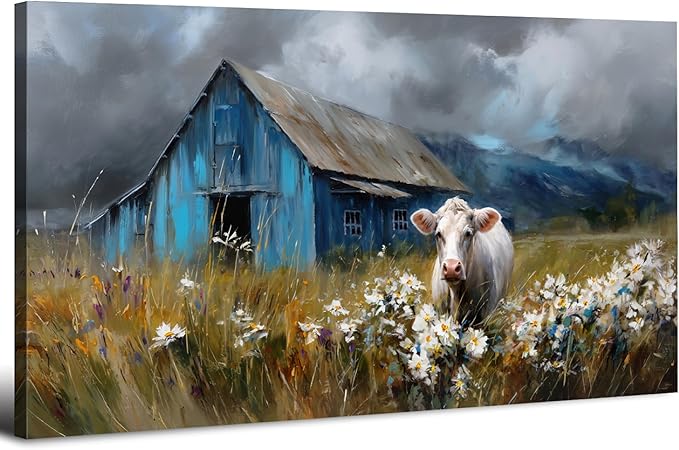 Rustic Farmhouse Wall Art Cow and Blue Barn Canvas Pictures Country Landscape Wall Decor Wildflower Field Painting Farm Animal Artwork for Living Room Dining Room Bedroom Home Decoration 29.53x 57.87"