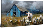 Rustic Farmhouse Wall Art Cow and Blue Barn Canvas Pictures Country Landscape Wall Decor Wildflower Field Painting Farm Animal Artwork for Living Room Dining Room Bedroom Home Decoration 29.53x 57.87"