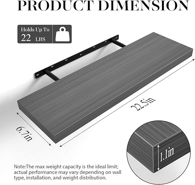 BAYKA Floating Shelves for Wall, Set of 3, 22.5 Inches Wall Mounted Rustic Wood Shelves for Bathroom, Bedroom, Living Room or Kitchen Decor, Storage for Books, Lego, Plants, Gray