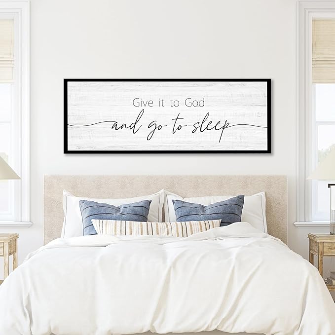 Give It to God and Go to Sleep Sign Framed Large 41''×15'' Above Bed Wall Decor for Bedroom Farmhouse Wall Decor Guest Room Decor Rustic Master Bedroom Wall Decoration Wood Wall Art (black frame)