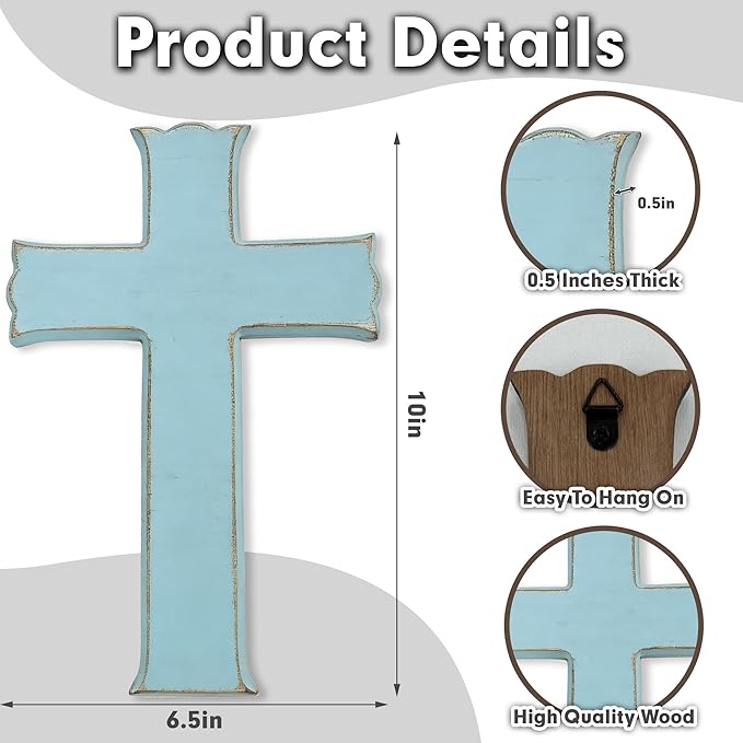 Bltgh Blue Wooden Cross Wall Decor, Religious Cross Gifts With Hook on Hanging Wall Or Table, Confirmation Cross Gift, Baptism Gifts, Rustic Home Church Room Crosses Décor, 10x6.5 IN