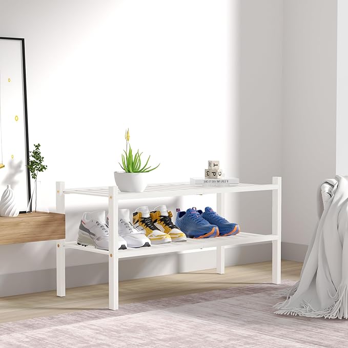 2 Tier Bamboo Shoe Rack for Closet Free Standing Wood Shoe Shelf for Entryway Small Space Stackable 27"x11"x13" (White)