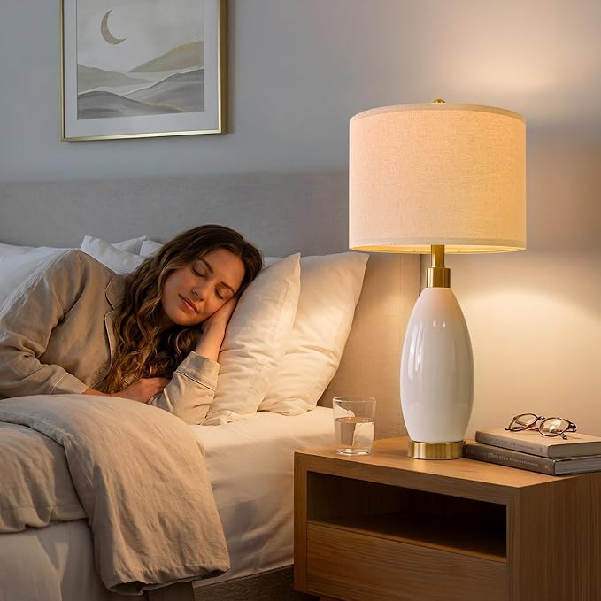 USumkky 24" White Oval Ceramic Table Lamp Set of 2, Modern Minimalist Bedside Nightstand Lamps for Bedroom Living Room, Linen Shade & Gold Metal Base, Rotary Switch E26 (Bulbs Excluded)