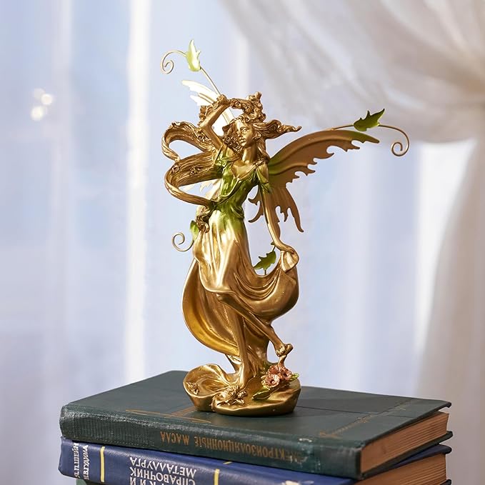 Elegant Fantasy Decor, Hand-Painted Angel Figurine Graceful Fairy Sculpture for Bookshelf, Mantel, Indoor Outdoor Decor, Thoughtful Gift for Women, Girls (Lifting Skirt)