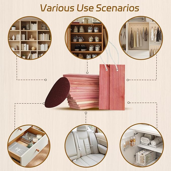Cedar Blocks for Clothes Storage - 16 Pack Red Cedar Planks, 100% Natural Aromatic Cedarwood with Cotton Rope and Sandpaper for Closets & Drawers Freshener