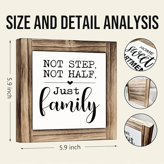 Family Wood Signs, Decorative Wooden Box Signs, Farmhouse Desk Sign Decor, Warm Home Decor, Blended Families Gift, Stepdad Stepmom Gift, Not Step Not Half Just Family Sign, 5.9×5.9 inches