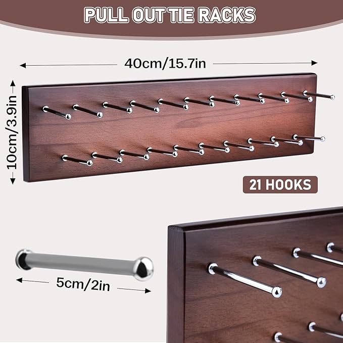 Tie Rack Wall Mounted, Wood Belt Hanger for Closet with 21 Chrome Hooks, Belt Storage Holder Organizer for Men Belts, Ties, Scarves, Wooden