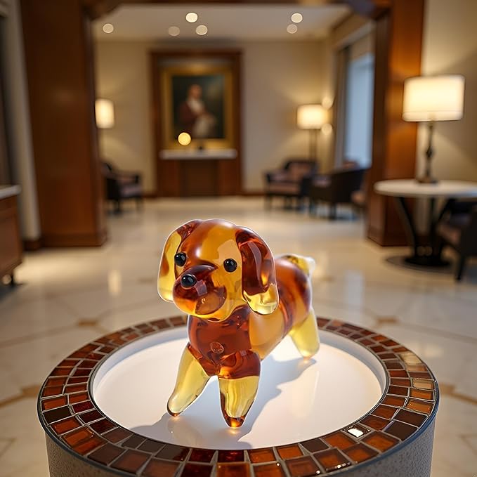 Brown Mini Dog Art Blown Glass, Crystal Cute Dog Figurine, Glass Ornament Statue Animal Collectible, Blown Art Pet Animal Collectible Figures Home Décor Accents