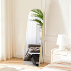 DUMOS 59"x16" Arched Full Length Mirror with Stand, Floor Standing Aluminum Frame, Shatter-Proof Nano Glass for Bedroom, Living Room, Cloakroom – Modern Simple Home DecorHanging or Leaning,Gold