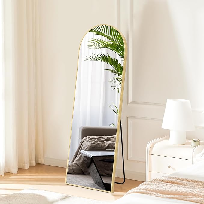 DUMOS 59"x16" Arched Full Length Mirror with Stand, Floor Standing Aluminum Frame, Shatter-Proof Nano Glass for Bedroom, Living Room, Cloakroom – Modern Simple Home DecorHanging or Leaning,Gold