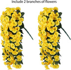 HyeFlora Artificial Fake Hanging Flowers Plants for Outdoor Outside Spring Decoration, 2PCS Faux Silk UV Resistant Look Real Yellow Morning Glory Trailing Vines for Home Planter Porch Patio Balcony
