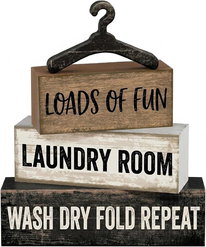 Moucuny 4 Pcs Farmhouse Laundry Room Decor and Accessories Stacked Blocks Loads of Fun Wash Dry Fold Repeat Wooden Signs Set with Vintage Hanger - Rustic Sign for Home Bathroom Shelf Housewarming Gift
