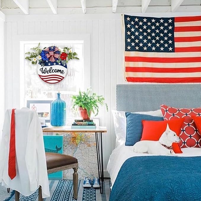 Idyllic Welcome Sign Wreath 4th of July Patriotic Sign for Front Door, 16" Red White and Blue Flower Wooden Sign Wreath for Memorial Day Independence Day Decoration