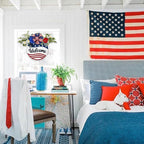Idyllic Welcome Sign Wreath 4th of July Patriotic Sign for Front Door, 16" Red White and Blue Flower Wooden Sign Wreath for Memorial Day Independence Day Decoration