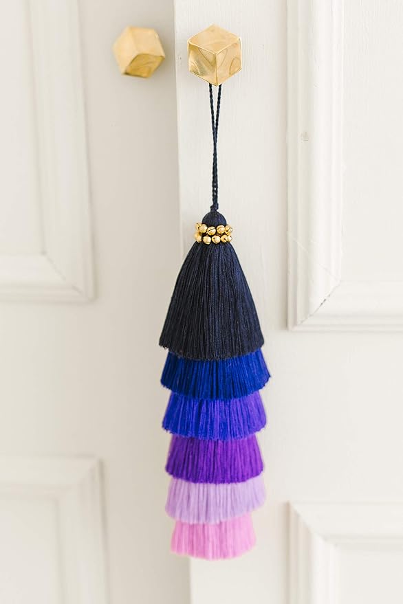Multi-Colored Layered Large Cotton Tassel with Hanging Loop for Furniture Décor, Home or Handbag Accessory (Blue)