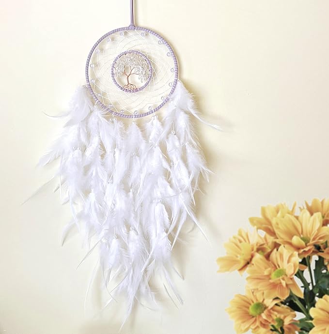 Dream Catchers, White Dream Catcher Tree of Life Wall Decor, with Natural Healing Crystal Stone, Perfect Rock Crystal Handmade Dreamlike Dream Catchers for Bedroom Decor Art Craft Gift