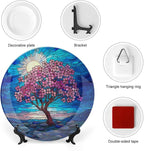 Stained Glass Theme Decorative Ceramic Plate Round Porcelain Plate,8 inch,Cherry Tree Pattern,for Decorative Ornaments Giving Plates, 1 Plate with 1 Display Stand,Blue Pink