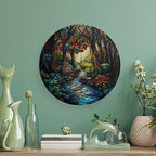 Stained Glass Theme Decorative Ceramic Plate Round Porcelain Plate,10 inch,Sunrise Forest Stream Pattern,for Decorative Ornaments Giving Plates, 1 Plate with 1 Display Stand,Green Gold