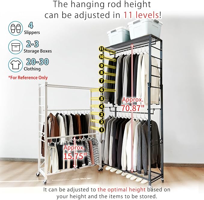 lumizone Folding Clothing Rack with Wheels Expandable Wardrobe Portable Clothes Rack for Hanging Clothes Adjustable Closet Shelves Garment Rack Durable Closet Racks for Hanging Clothes (Pro Black)