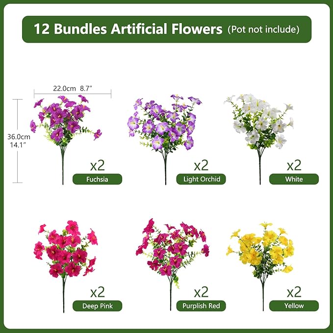 Artificial Fake Petunias Flowers for Outdoors Spring Decoration, 12 Bundles Faux Flower Plants UV Resistant Realistic Silk Flower for Outside Planters Patio Porch Yard Window Box (6 Mix Colors)
