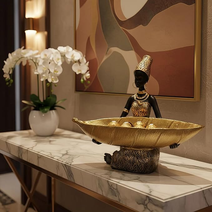 Lescafita African Woman Resin Tray Statue, Gold Leaf Decorative Sculpture, Handmade African Figurine Tray for Jewelry, Keys, Coins, Home Table Centerpiece Decor, Cultural Art Gift