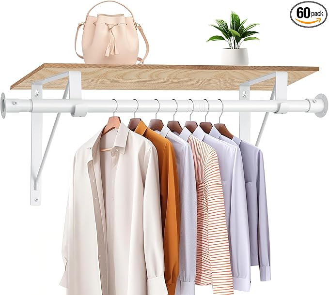 Closet Rod, 16 to 75 Inch Clothes Rods Heavy Duty Adjustable Clothes Rods for Hanging Clothes and Heavy Duty Clothes Rod Bracket Closet Rod Support (White)