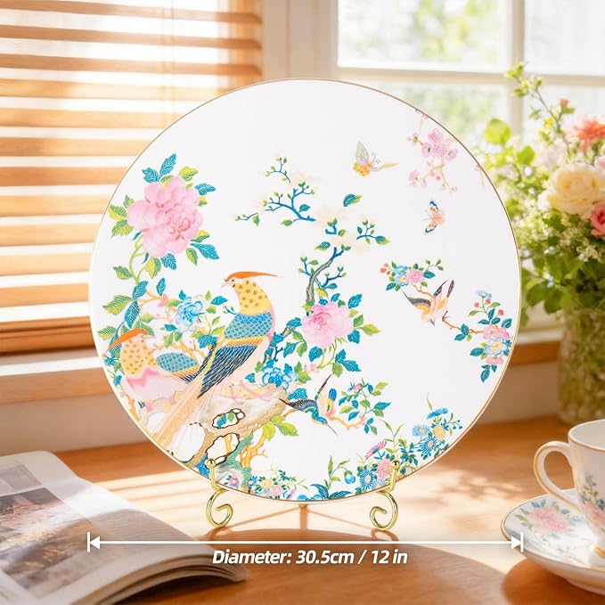 KAMMAK Ceramic Decorative Plate, Porcelain Plates for Kitchen Dining Room Wine Cabinet Home Decor, Vintage Collector Plates with 1 Display Stand, Circular Square - Peony
