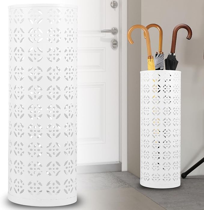 Metal Umbrella Stand - Round Storage Rack and Freestanding Organizer Bin for Home, Office, Hotel Entryway - 5.916.5" (White)
