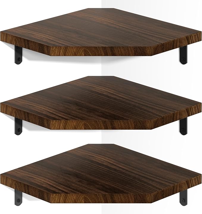 Alsonerbay Corner Shelf Wall Mount, Set of 3 Floating Corner Shelves with Cord Hole, Rustic Wood Shelves for TV, Speaker, Cable Box, Game Console for Bedroom, Kitchen, Living Room Carbonized Black