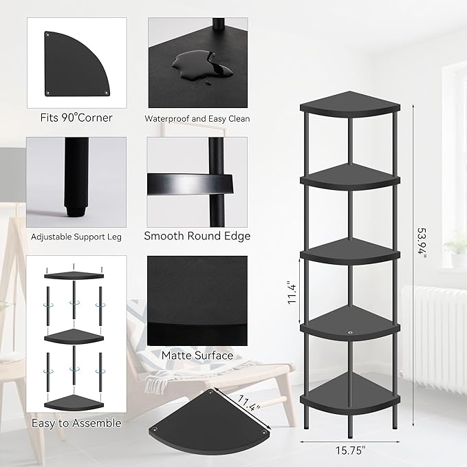 Qupui 5 Tier Plastic Corner Shelf Stand, 54” Tall 90° Right Angle Corner Bookshelf, Multipurpose Plant Display Rack, Home Organizer Shelves for Bedroom Living Room Office Balcony, Black