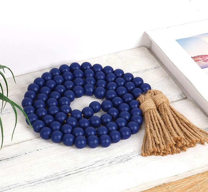 58in Wood Bead Garland with Tassels, Farmhouse Rustic Country Decor Prayer Boho Wall Hanging Decoration (Navy Blue)