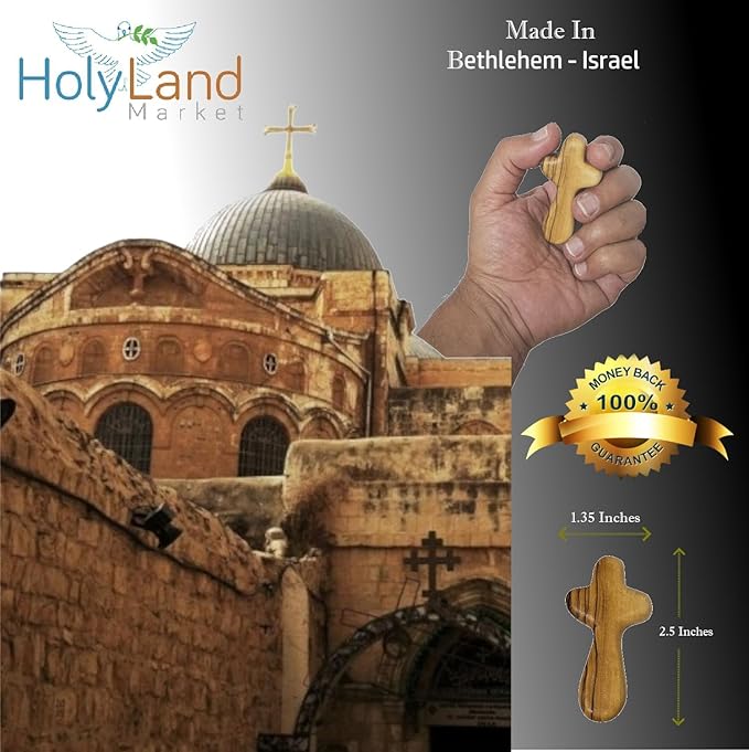 Holy Land Market 3 Olive Wood Crosses From the Holy Land - 2.5 Inch Pocket Palm Crucifix | Handmade Jerusalem, Bethlehem Israel - Gifts by Christians with Certificates -Holy Land Olive Wood Cross x3