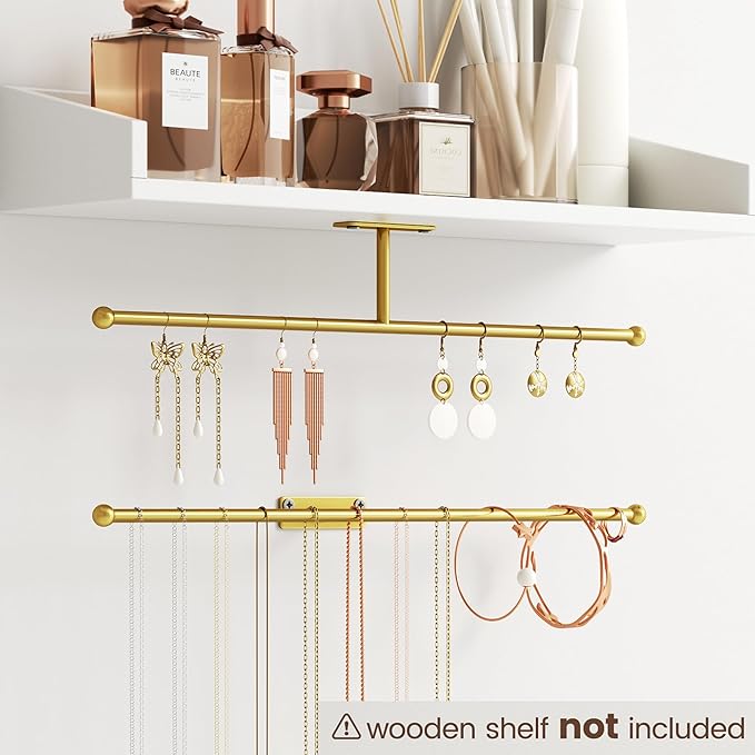 Wall Hanging Jewelry Organizer: 12.6'' Necklace Holder for Earring, Bracelet, Rings, Hairband, Glasses, Gold 4-Pack, Screws Included