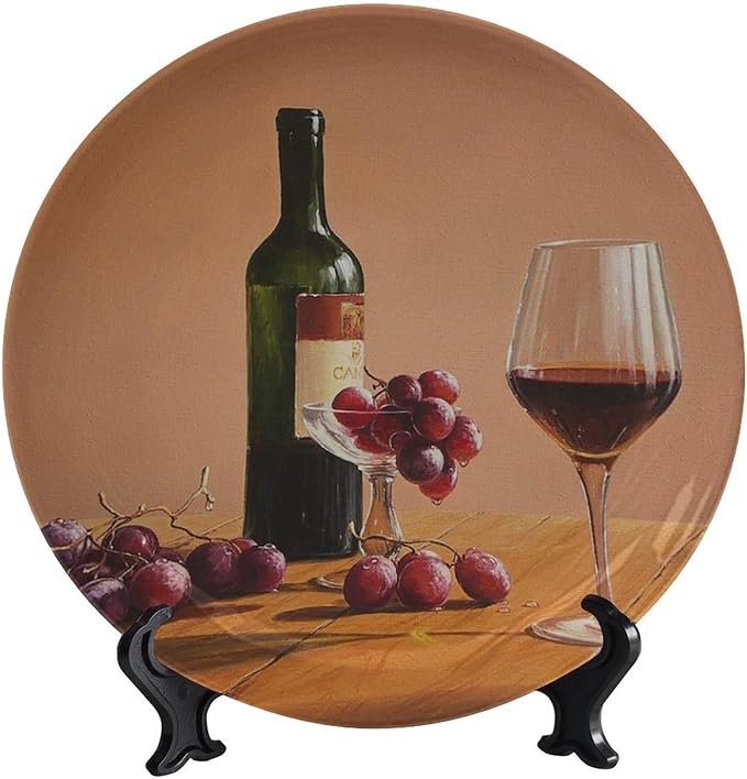 Decorative Ceramic Plates, 8 Inch, Goblet Wine Bottle Transparent Round Display Plate, Decorative Plates with Stand, for Kitchen Party Coffee Table Decor Art
