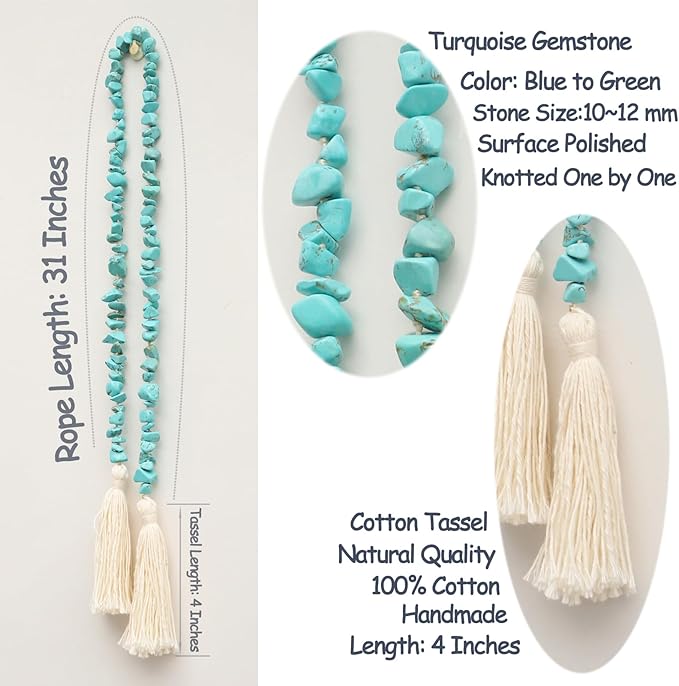 Natural Gemstone Bead Garland with Tassel,31inch Farmhouse Rustic Country Table Decor Prayer Healing Beads Boho Wall Shelf Hanging Decoration (Turquoise)