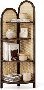 4 Tier Farmhouse Corner Shelf, 70" Tall Pine Wood and Rattan Corner Bookshelf for Small Spaces, Freestanding Display Shelf for Living Room, Bedroom, Bathroom, Kitchen, Brown