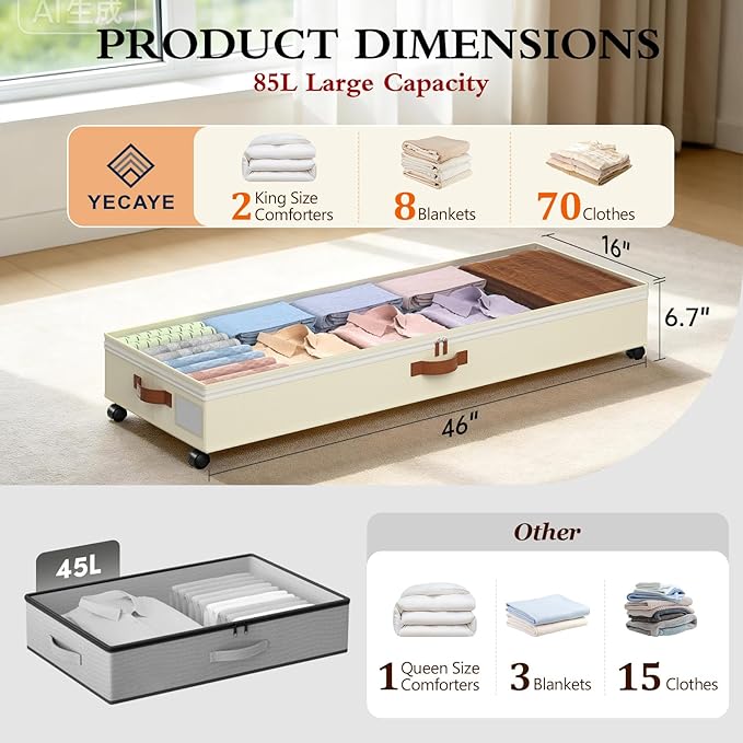 Yecaye Under Bed Storage with Wheels, 2 Pack Under Bed Storage Containers with Adjustable Dividers & Clear Window, 85L Rolling Underbed Organizer Bins Drawers for Clothes, Shoes, Blankets Toys, Beige