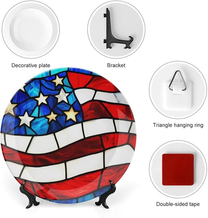 Stars and Stripes Theme Decorative Ceramic Plate Round Porcelain Plate,6 inch,Rainbow Glass Pattern,for Decorative Ornaments Giving Plates,1 Plate with 1 Display Stand,Red Blue