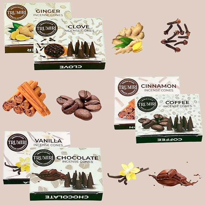TRUMIRI Gourmet Incense Cones - Variety Pack - Total 60 Cone Incense (6 Scents x 10 Conos) - Vanilla, Cinnamon, Coffee, Chocolate, Clove, Ginger - Cone Incense Scents - Insense Cones - Incent Cone